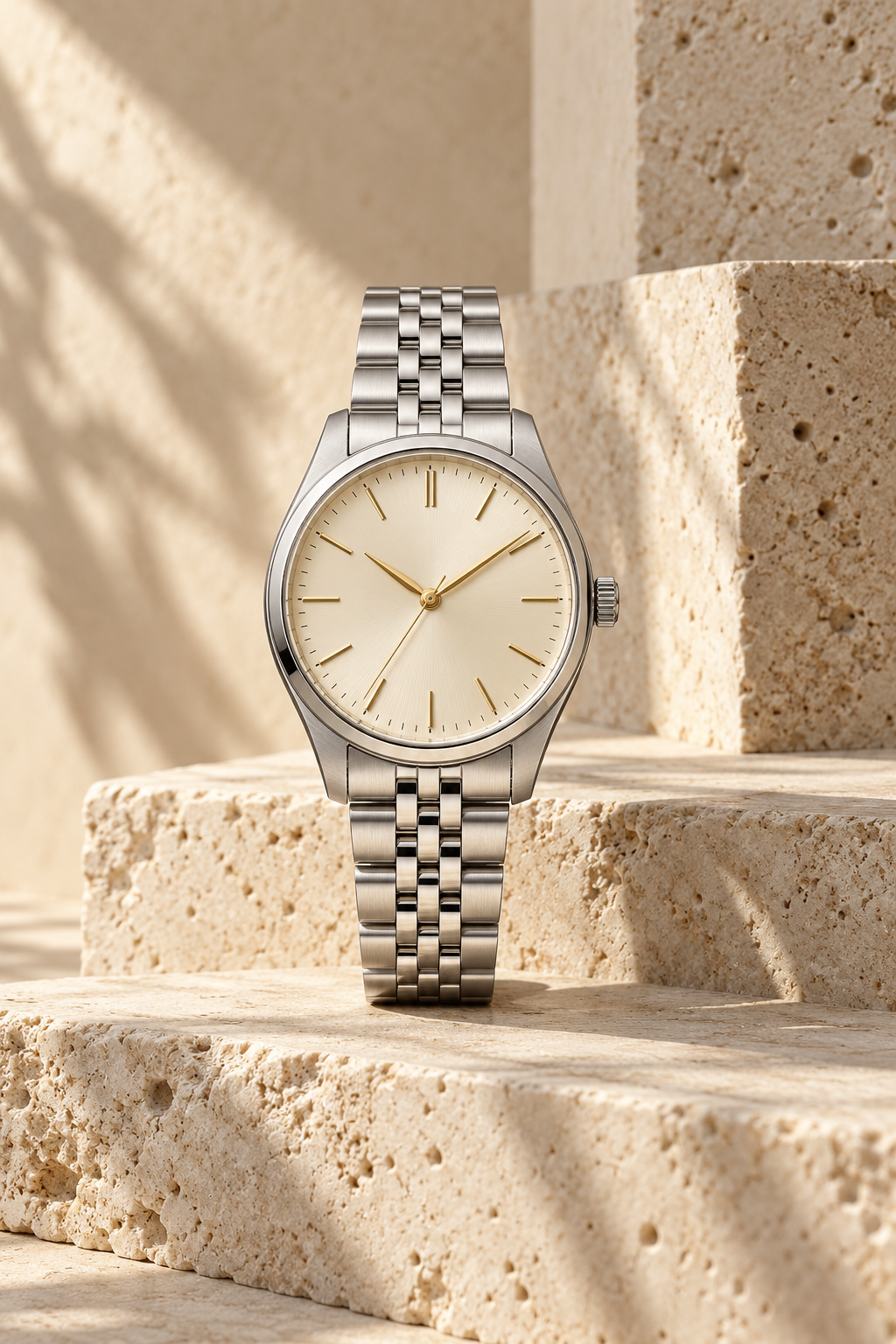 AI concept: ivory dial steel watch on travertine