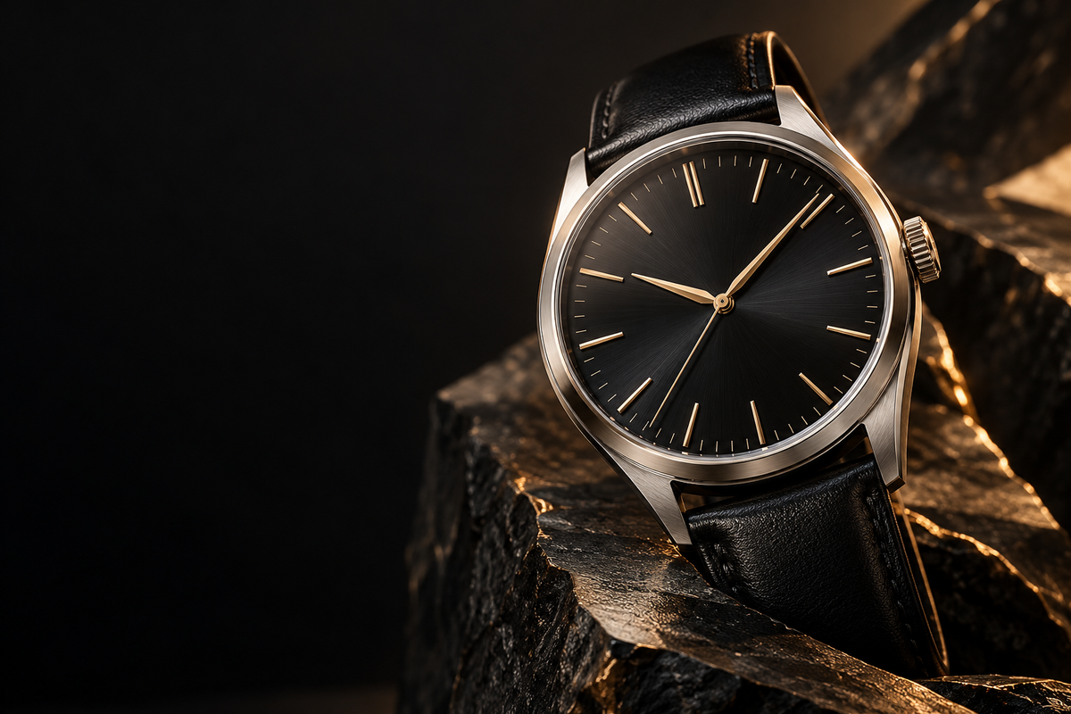 AI concept: black dial watch on charcoal stone